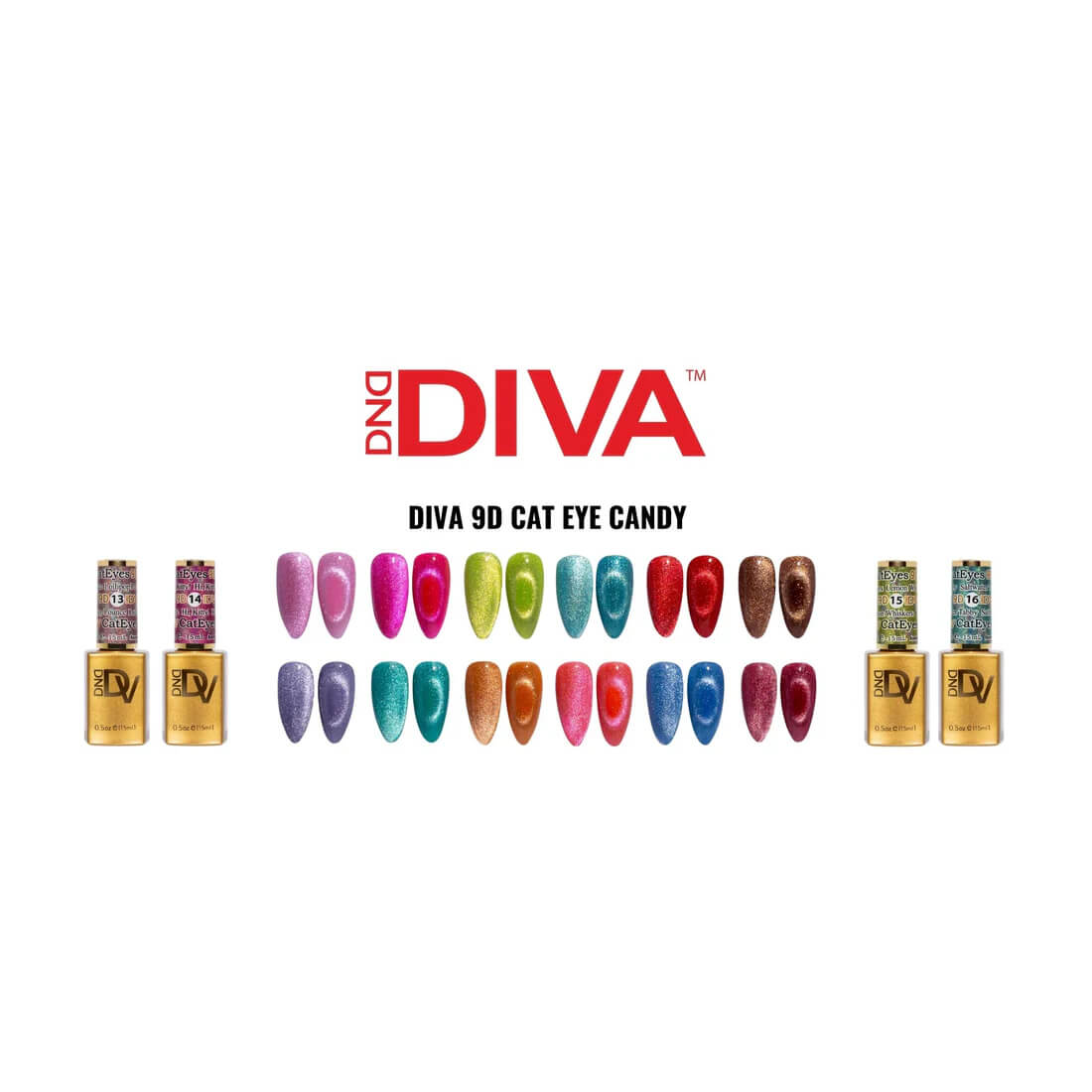 DND Diva Gel Nail Polish 9D Cat Eye Candy Collection Set 12 Colors + 1 Magnet + 1 Color Chart