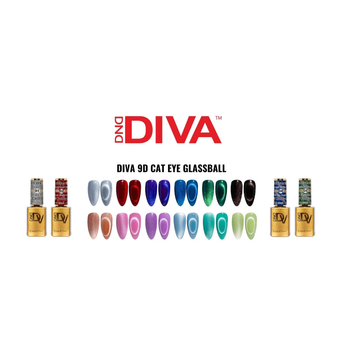 DND Diva Gel Nail Polish 9D Cat Eye Glassball Collection Set 12 Colors + 1 Magnet + 1 Color Chart